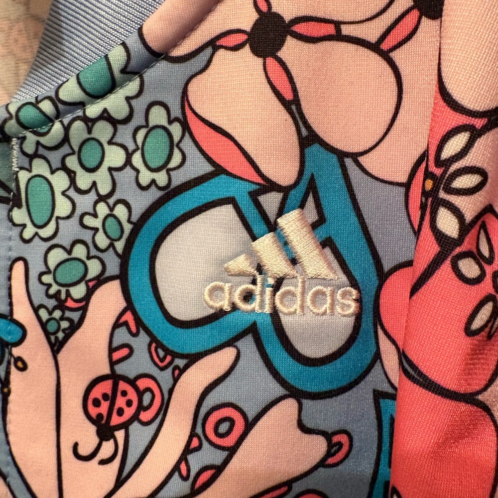 Adidas Floral Track Jacket Girls Youth 16 Retro Three Stripe Zip Up - Picture 7 of 10